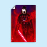 Custom pet portrait of a dog or cat dressed in a Darth Vader costume, hand-drawn in a Star Wars–inspired dark and dramatic style