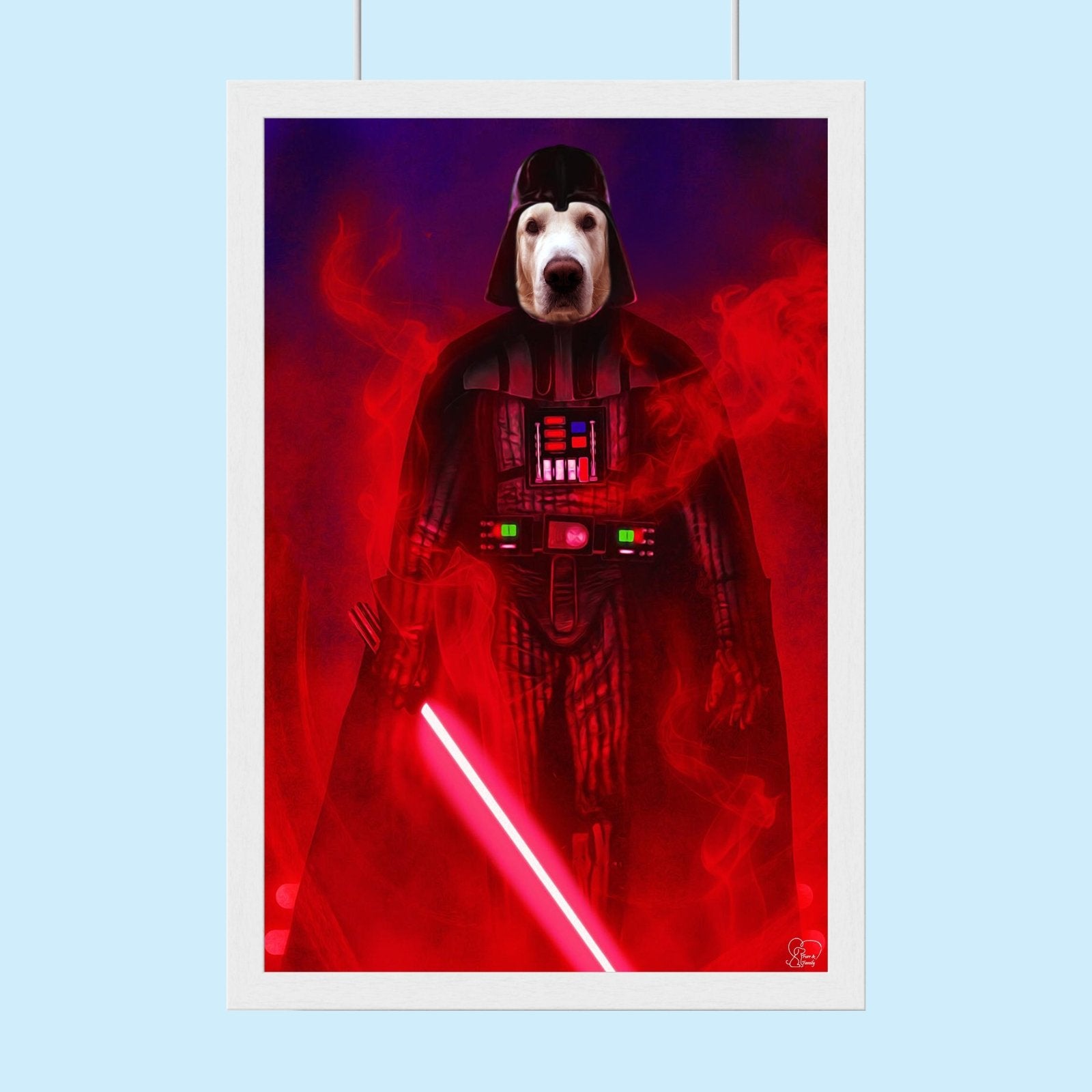 Custom pet portrait of a dog or cat dressed in a Darth Vader costume, hand-drawn in a Star Wars–inspired dark and dramatic style