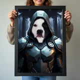 Custom pet portrait featuring a dog or cat in a green cloak and silver armor inspired by Dr. Doom, with a dramatic villainous background