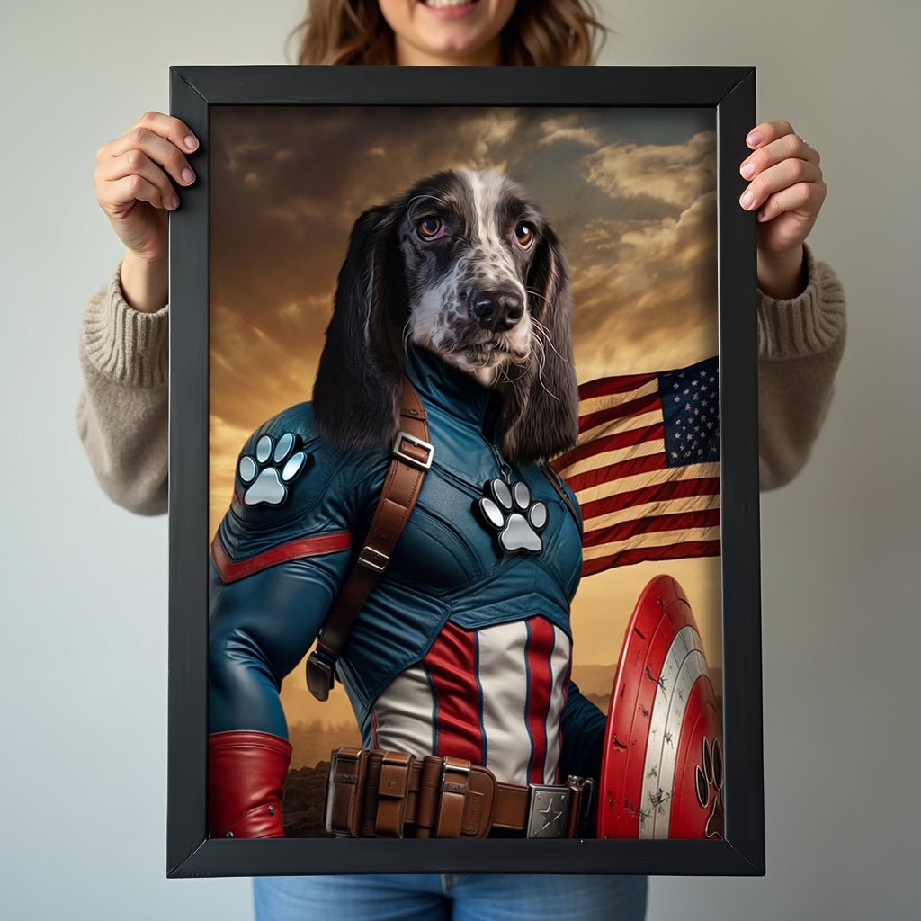 Custom pet portrait featuring a dog or cat dressed as Captain America, with a star-spangled suit and shield in a bold superhero stance