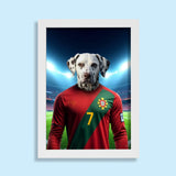 Custom football-inspired pet portrait featuring a dog or cat in a dynamic football pose, paying homage to Cristiano Ronaldo’s athleticism