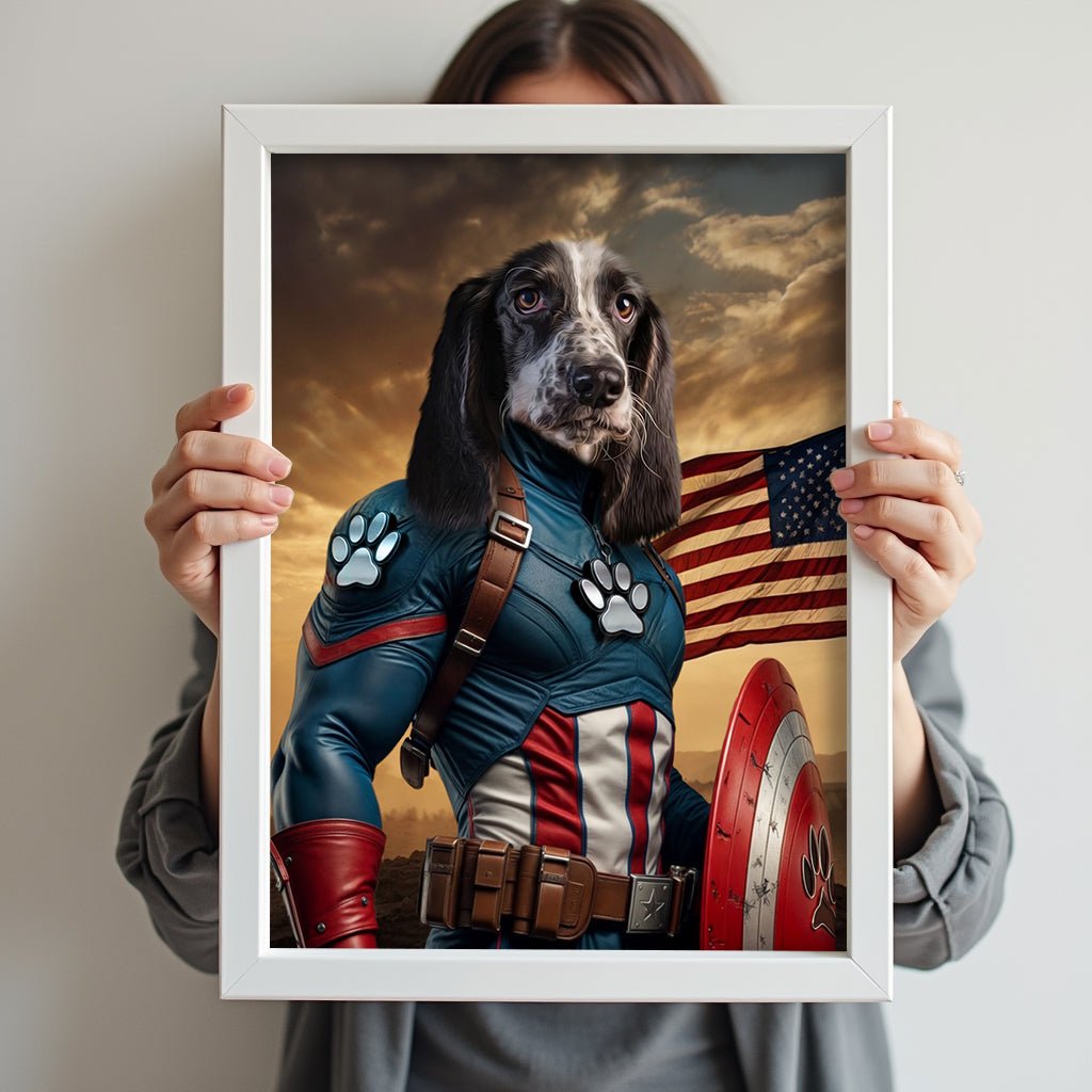Custom pet portrait featuring a dog or cat dressed as Captain America, with a star-spangled suit and shield in a bold superhero stance