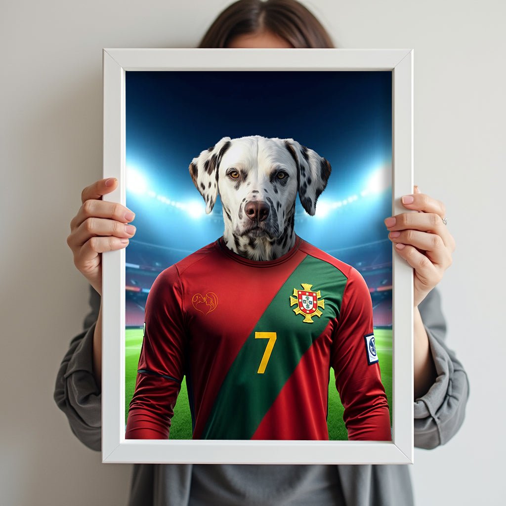 Custom football-inspired pet portrait featuring a dog or cat in a dynamic football pose, paying homage to Cristiano Ronaldo’s athleticism