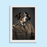 Custom pet portrait of a dog or cat dressed in regal military attire, with medals, epaulets, and formal uniform, showcasing a proud and noble appearance