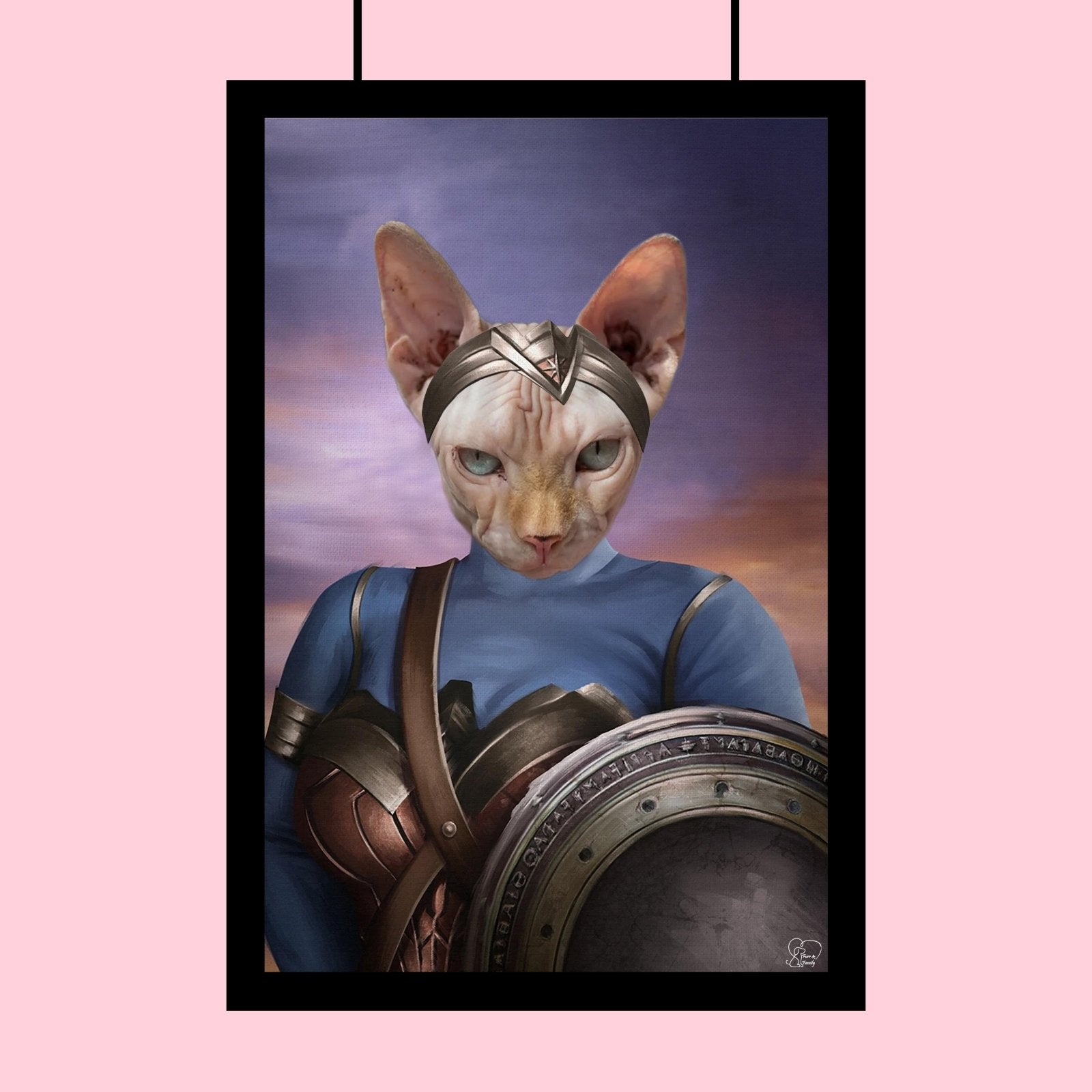 Custom cat portrait in warrior armor, featuring a fierce feline in a heroic, battle-ready pose with medieval or fantasy-themed design