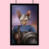 Custom cat portrait in warrior armor, featuring a fierce feline in a heroic, battle-ready pose with medieval or fantasy-themed design