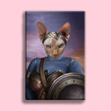 Custom cat portrait in warrior armor, featuring a fierce feline in a heroic, battle-ready pose with medieval or fantasy-themed design