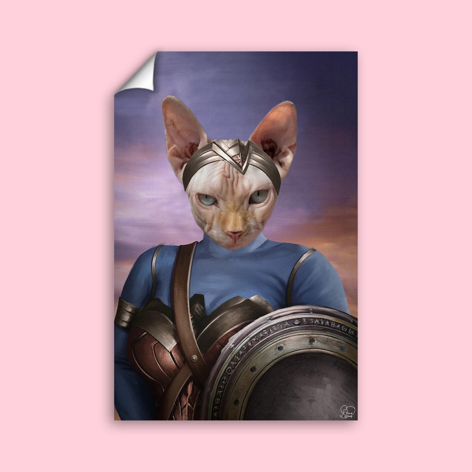 Custom cat portrait in warrior armor, featuring a fierce feline in a heroic, battle-ready pose with medieval or fantasy-themed design