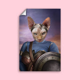 Custom cat portrait in warrior armor, featuring a fierce feline in a heroic, battle-ready pose with medieval or fantasy-themed design