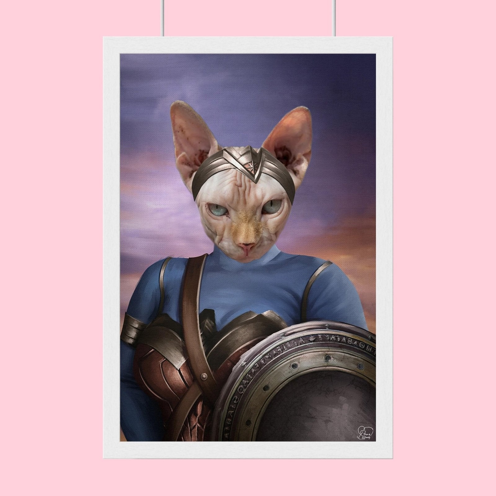 Custom cat portrait in warrior armor, featuring a fierce feline in a heroic, battle-ready pose with medieval or fantasy-themed design
