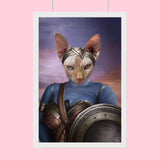 Custom cat portrait in warrior armor, featuring a fierce feline in a heroic, battle-ready pose with medieval or fantasy-themed design