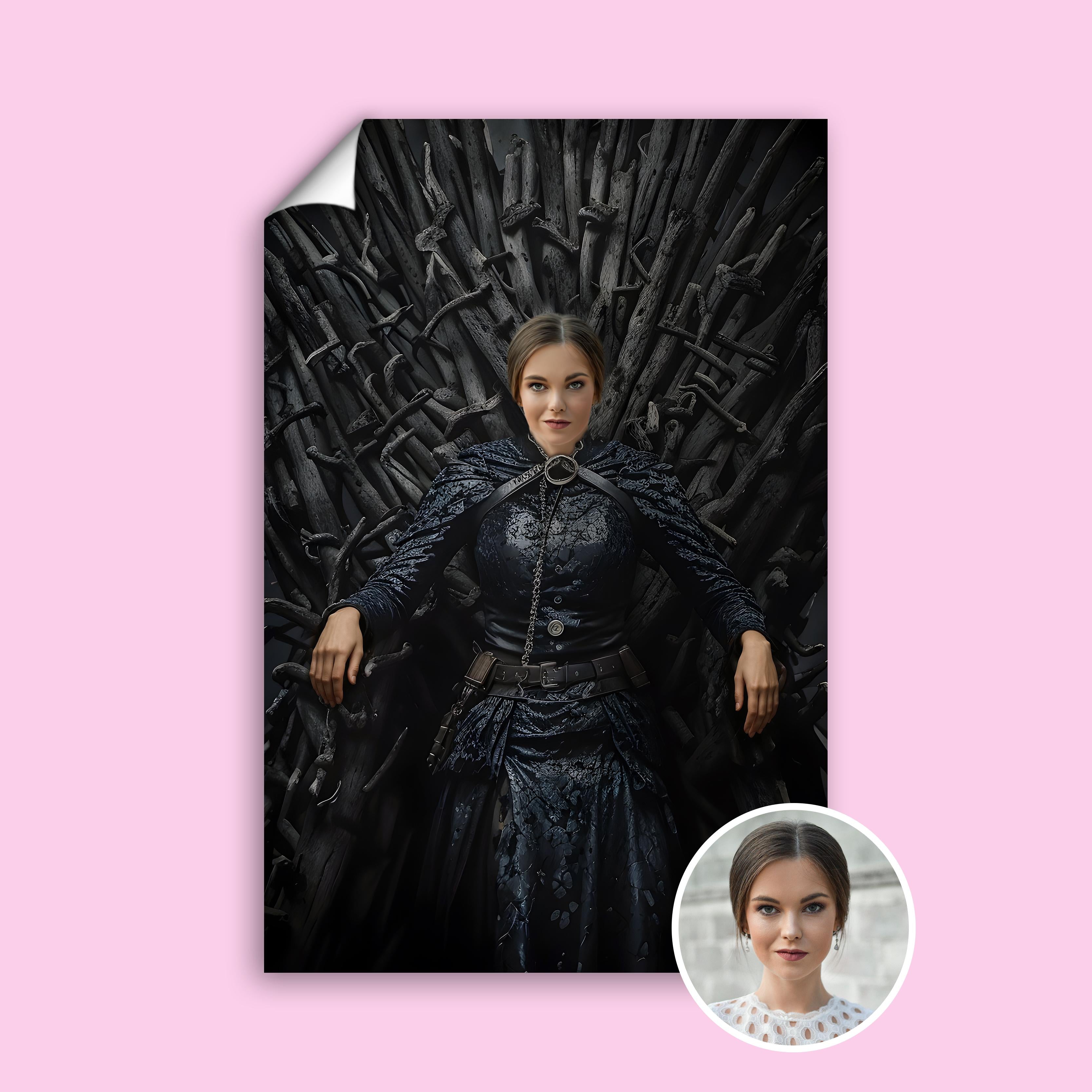 Custom Queen Portrait – Woman Sitting on Iron Throne in Black Gown