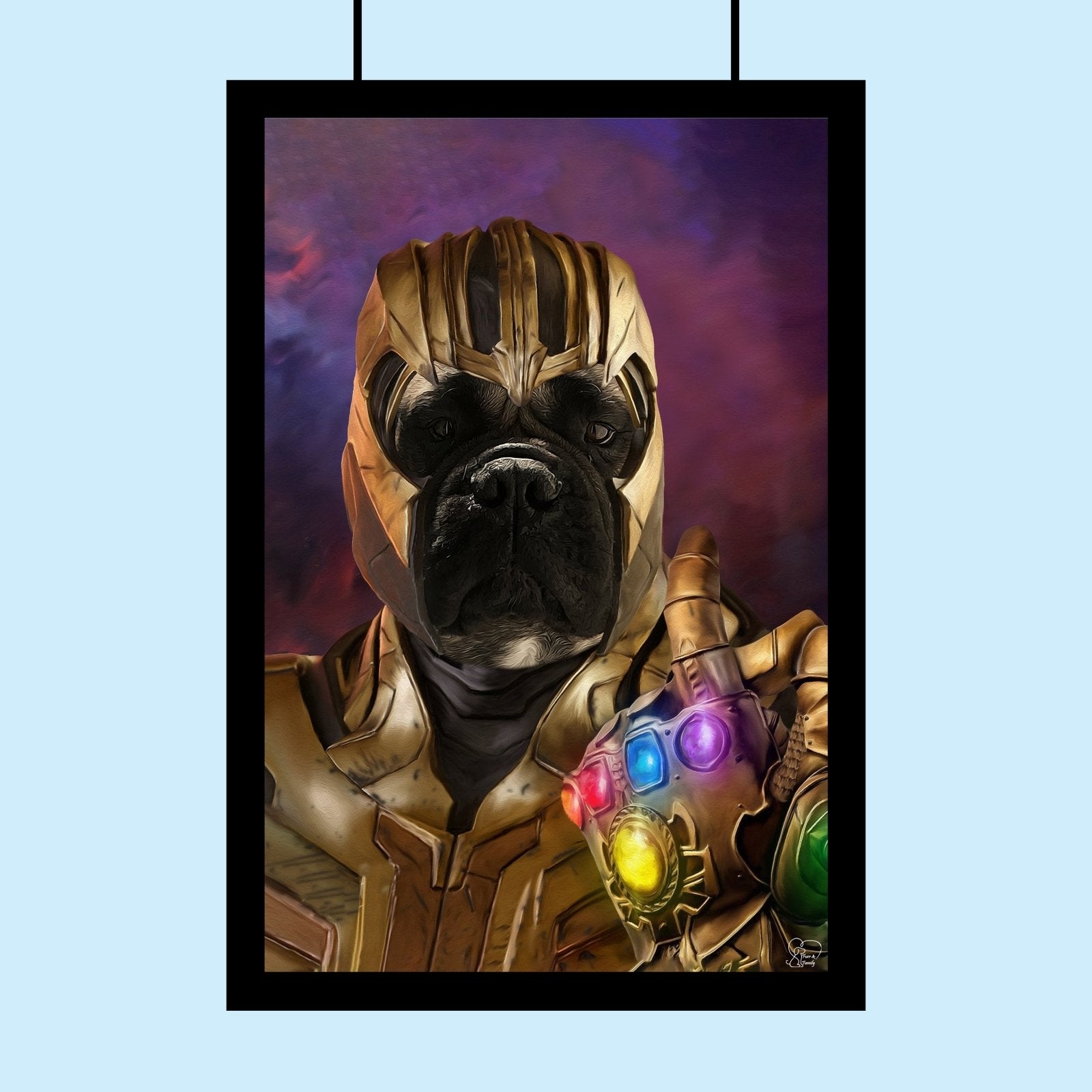 Custom Thanos-style pet portrait featuring a dog or cat in cosmic villain attire, inspired by Avengers and Marvel superheroes