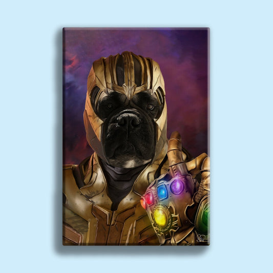 Custom Thanos-style pet portrait featuring a dog or cat in cosmic villain attire, inspired by Avengers and Marvel superheroes