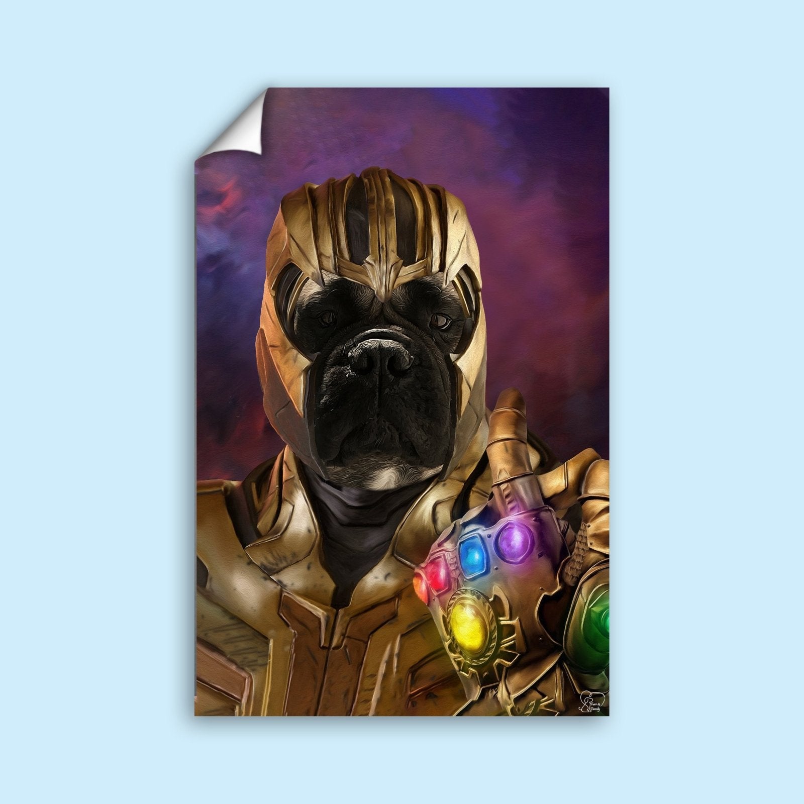 Custom Thanos-style pet portrait featuring a dog or cat in cosmic villain attire, inspired by Avengers and Marvel superheroes