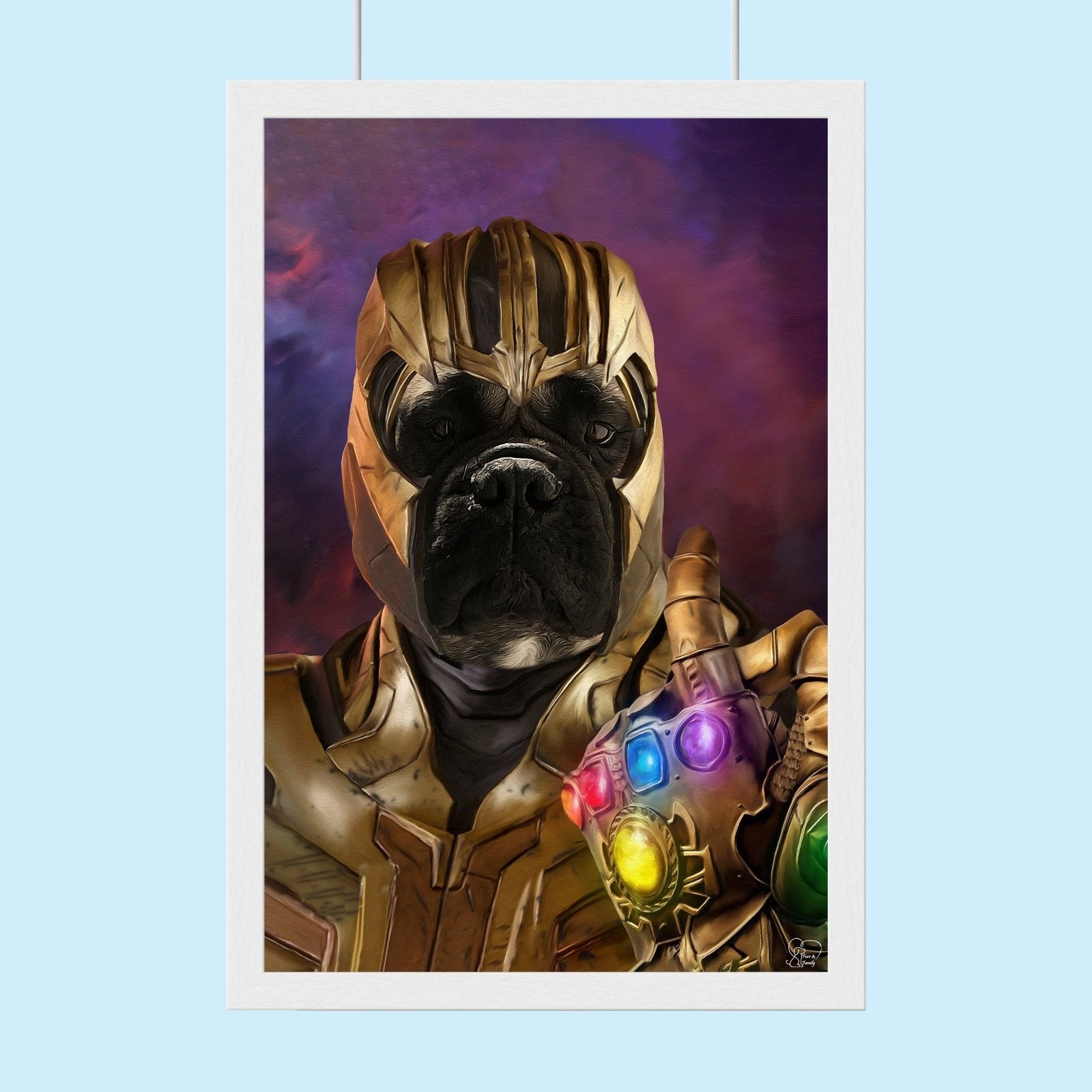 Custom Thanos-style pet portrait featuring a dog or cat in cosmic villain attire, inspired by Avengers and Marvel superheroes