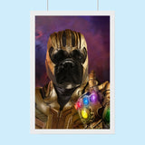 Custom Thanos-style pet portrait featuring a dog or cat in cosmic villain attire, inspired by Avengers and Marvel superheroes