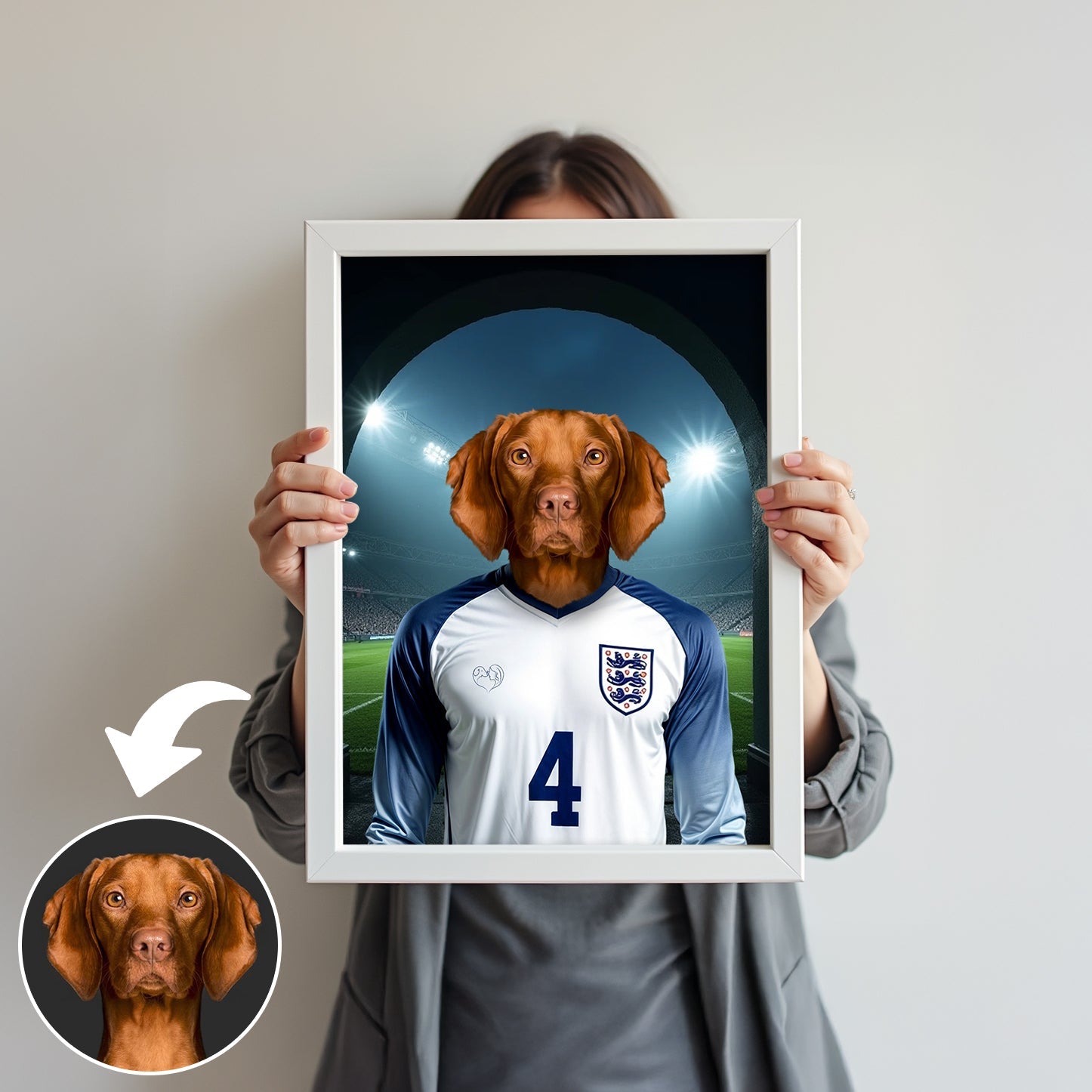 Custom pet portrait featuring a dog or cat wearing the England football team jersey, created from a user-uploaded photo