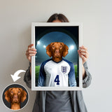 Custom pet portrait featuring a dog or cat wearing the England football team jersey, created from a user-uploaded photo