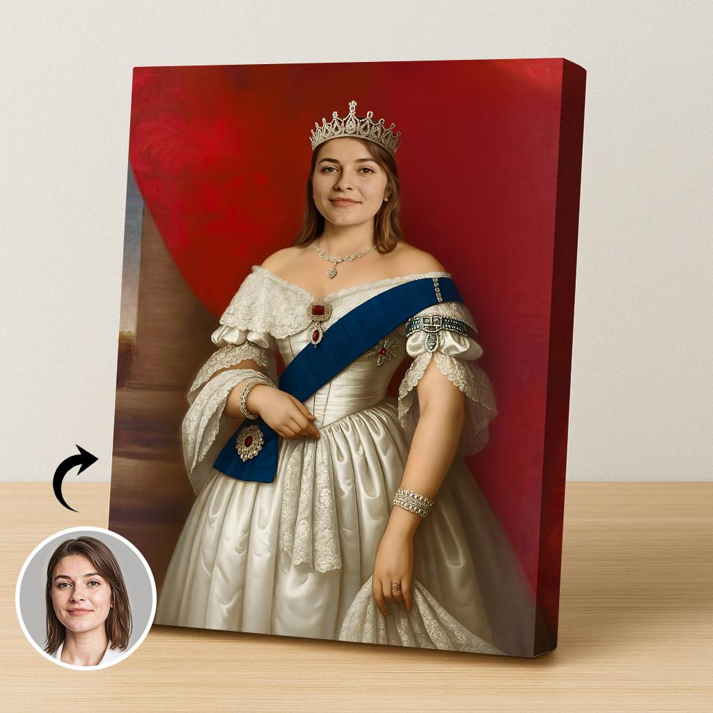 Custom Female Victorian Queen Portrait in White Dress with Crown