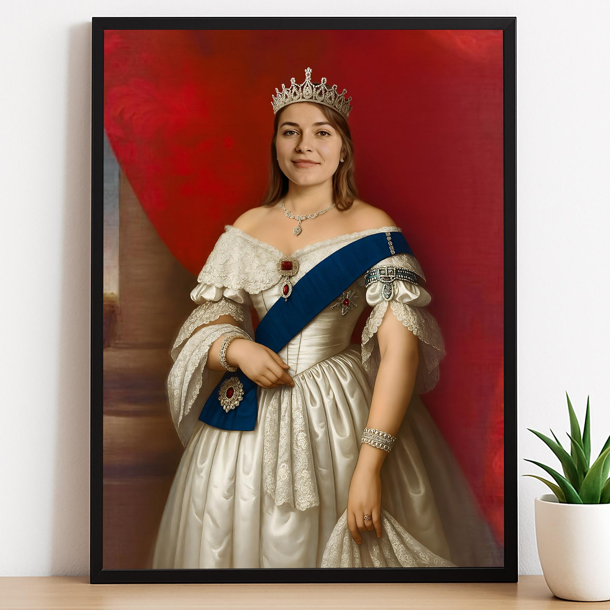 Custom Female Victorian Queen Portrait in White Dress with Crown