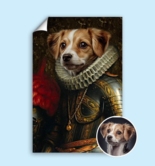 Custom royal pet portrait featuring a dog or cat dressed in regal attire, with aristocratic details and a sophisticated background