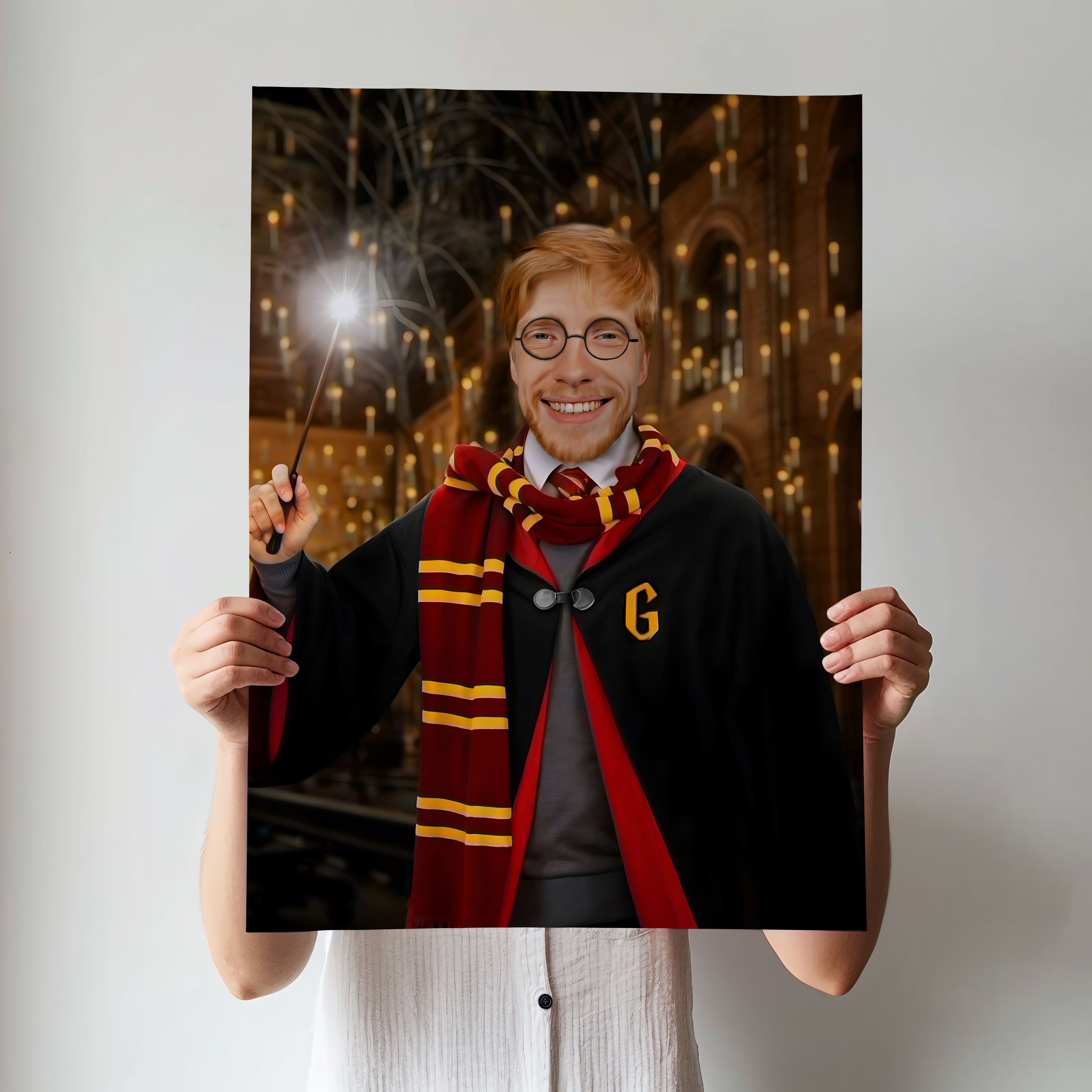 Custom Wizard Portrait – Man in Gryffindor Robe with Wand