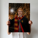 Custom Wizard Portrait – Man in Gryffindor Robe with Wand
