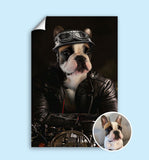 Custom pet portrait of a dog wearing a biker jacket and helmet, sitting on a motorcycle with a bold and adventurous attitude