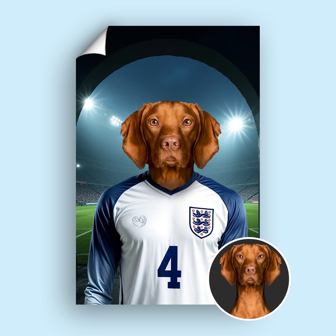 Custom pet portrait featuring a dog or cat wearing the England football team jersey, created from a user-uploaded photo