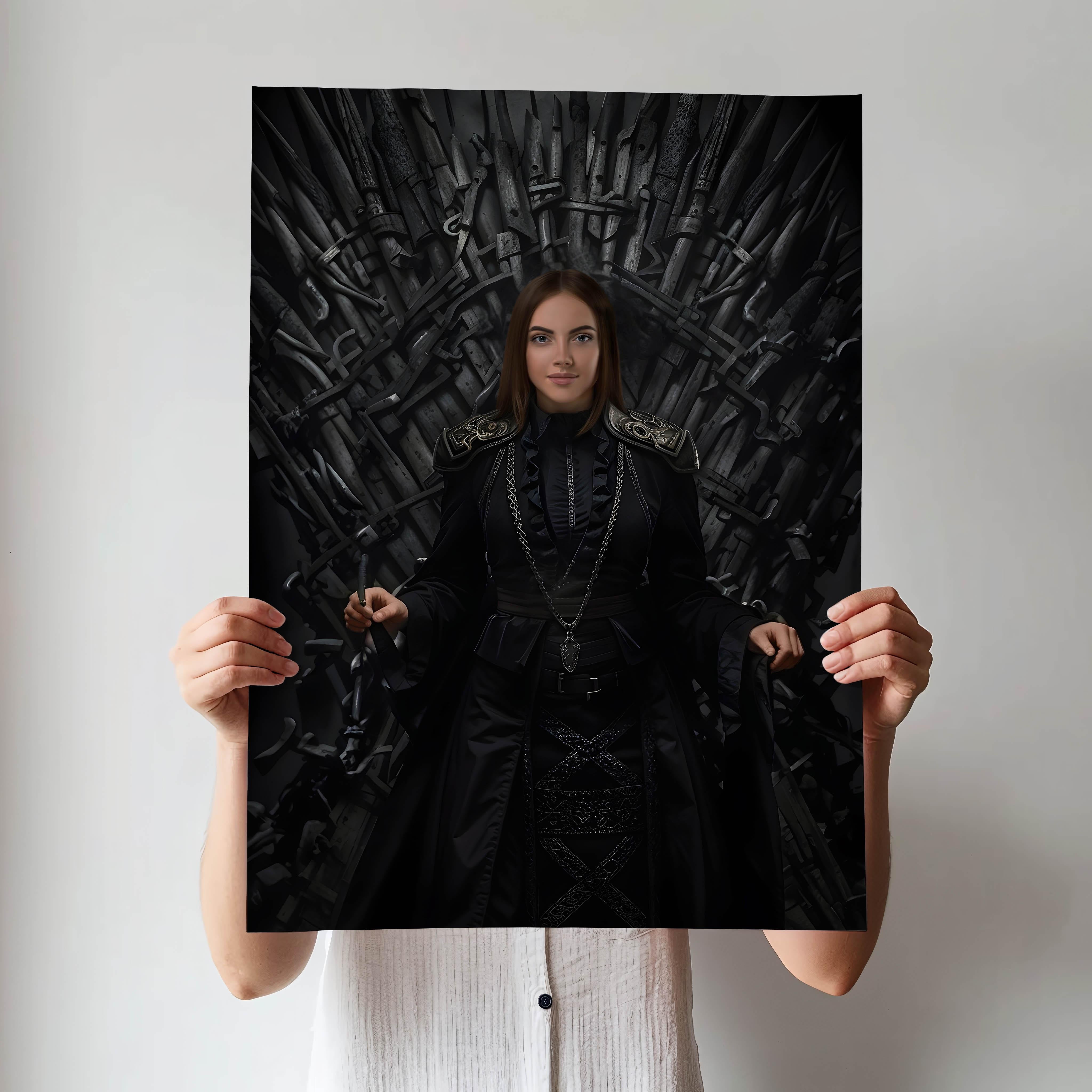 Custom Female Portrait on Iron Throne with Black Royal Warrior Dress