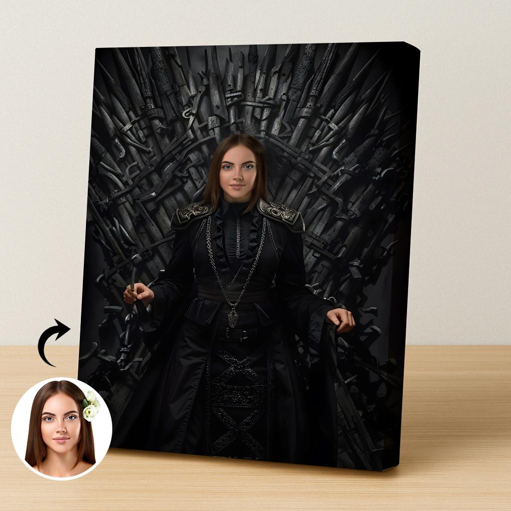 Custom Female Portrait on Iron Throne with Black Royal Warrior Dress