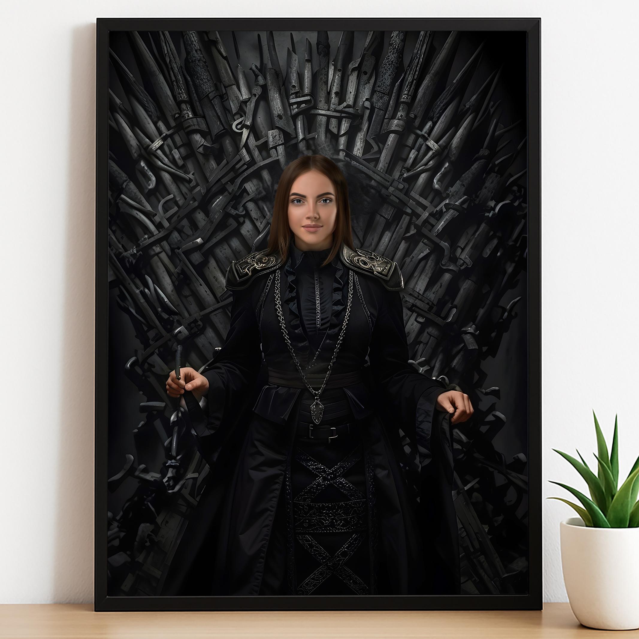 Custom Female Portrait on Iron Throne with Black Royal Warrior Dress