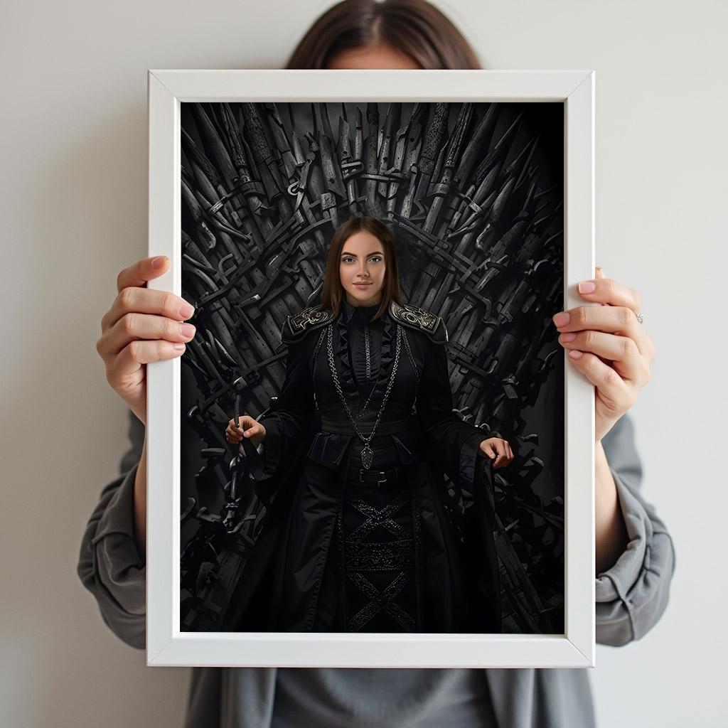 Custom Female Portrait on Iron Throne with Black Royal Warrior Dress
