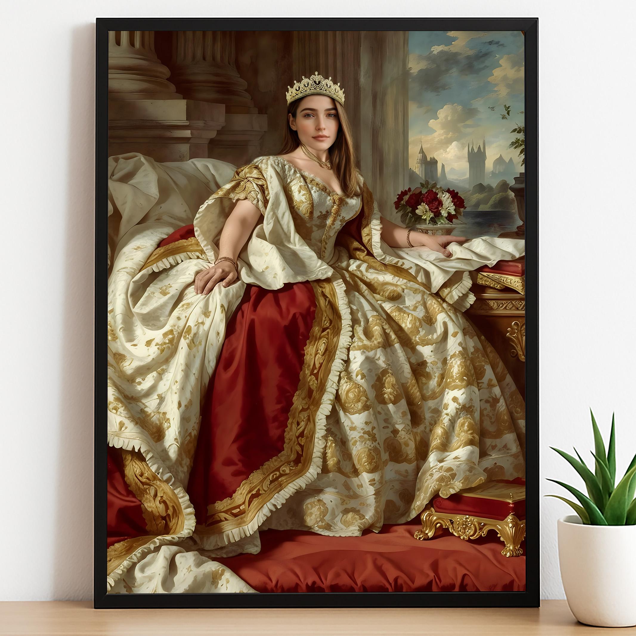 Custom Baroque Royal Queen Portrait for Women in Gold and Red Dress
