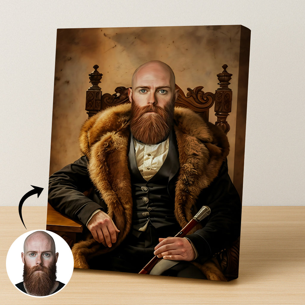 Custom Nordic Gentleman Portrait – Man with Beard, Fur Coat, and Throne
