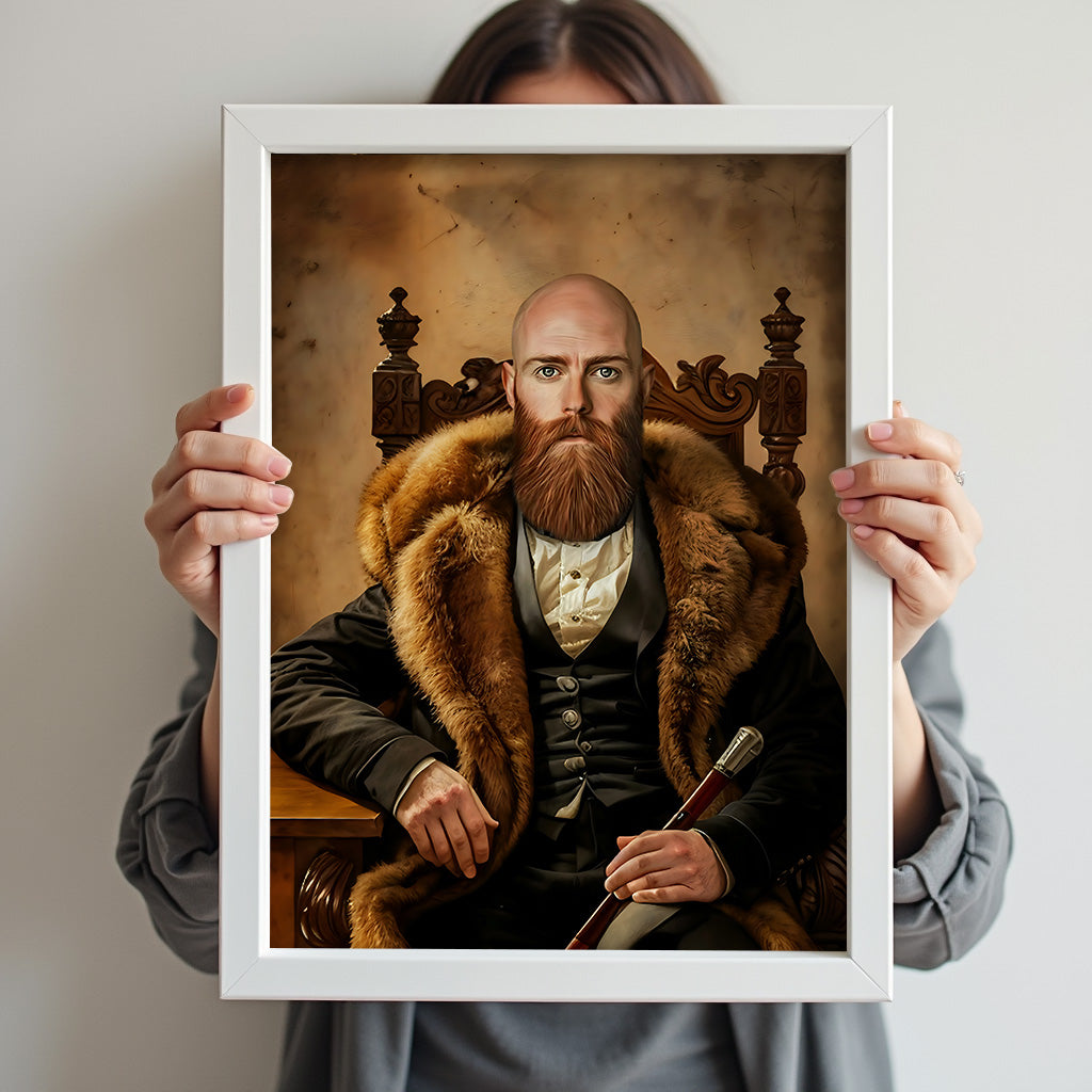 Custom Nordic Gentleman Portrait – Man with Beard, Fur Coat, and Throne