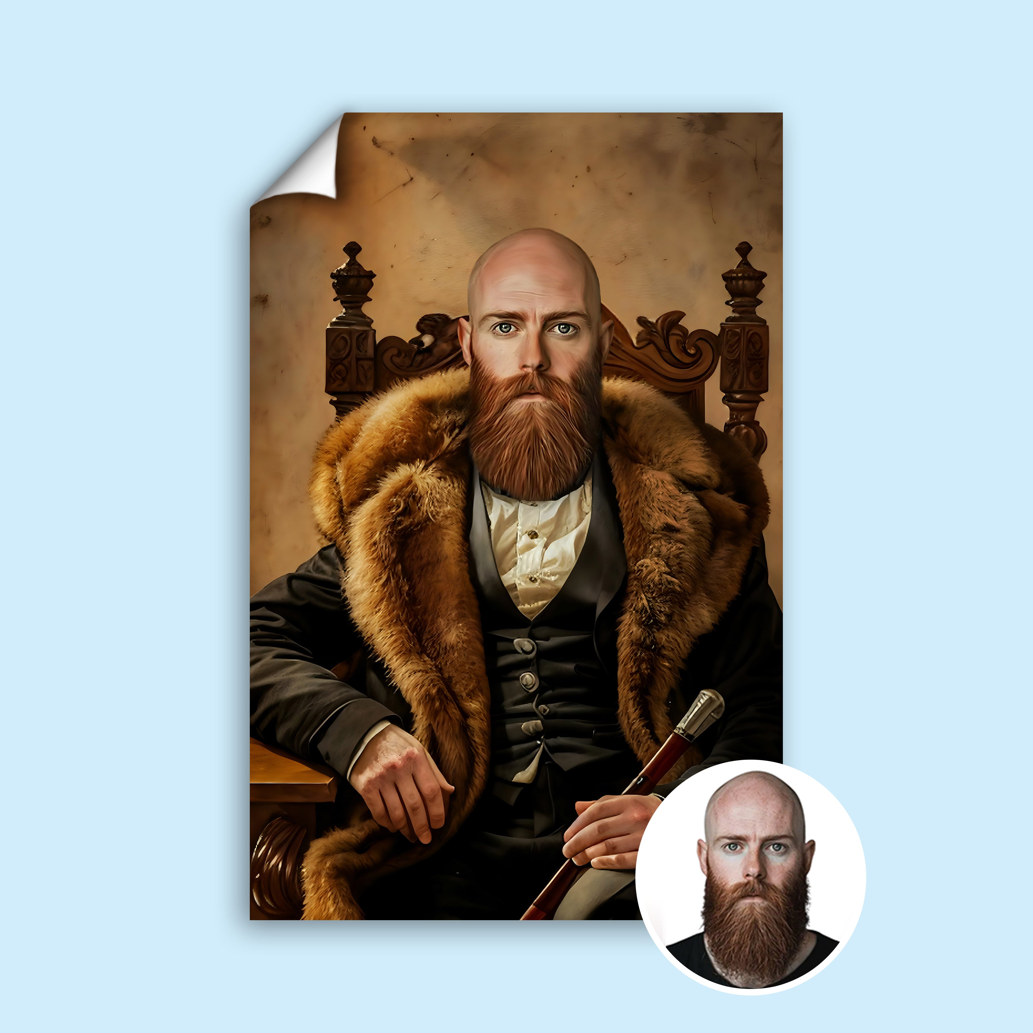 Custom Nordic Gentleman Portrait – Man with Beard, Fur Coat, and Throne
