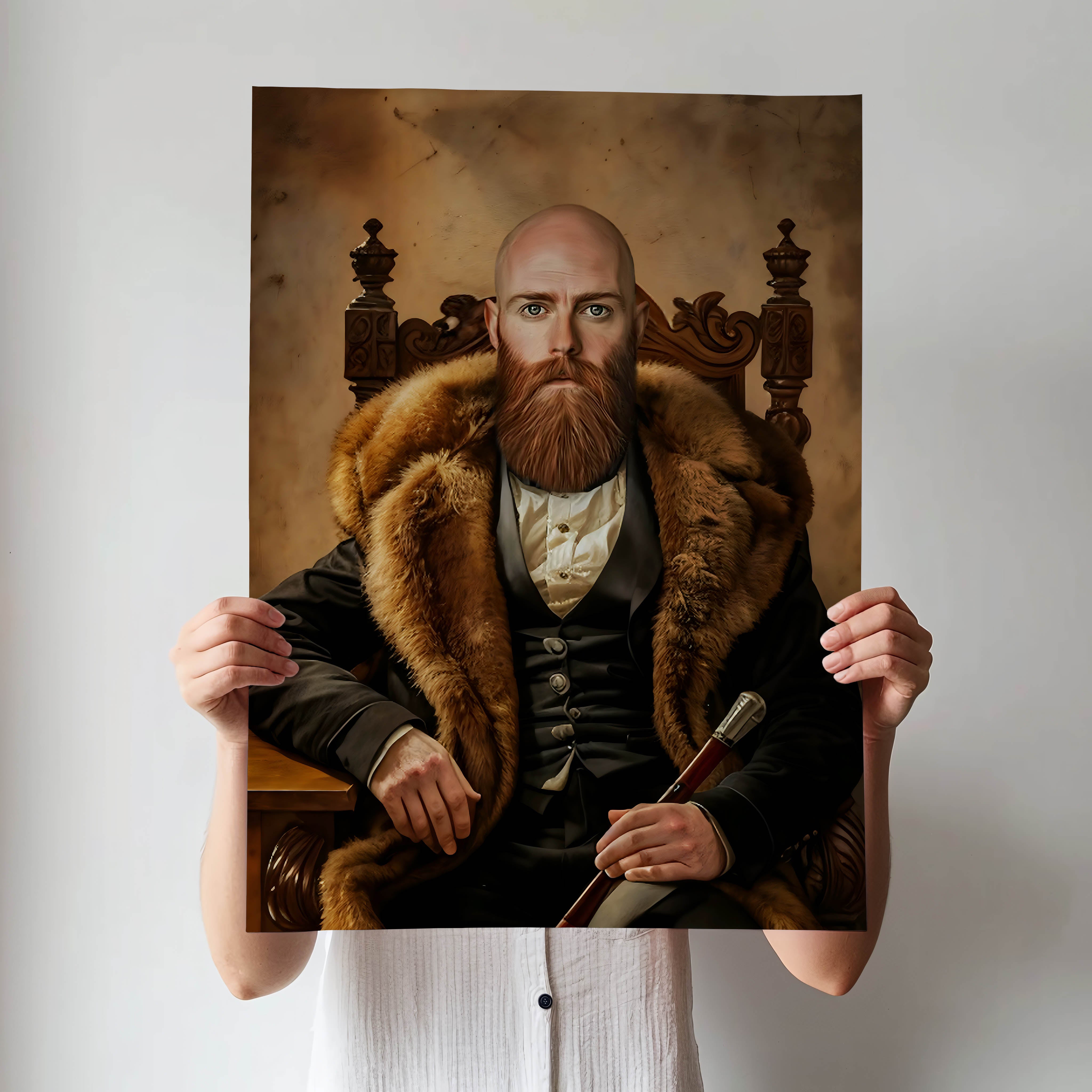 Custom Nordic Gentleman Portrait – Man with Beard, Fur Coat, and Throne