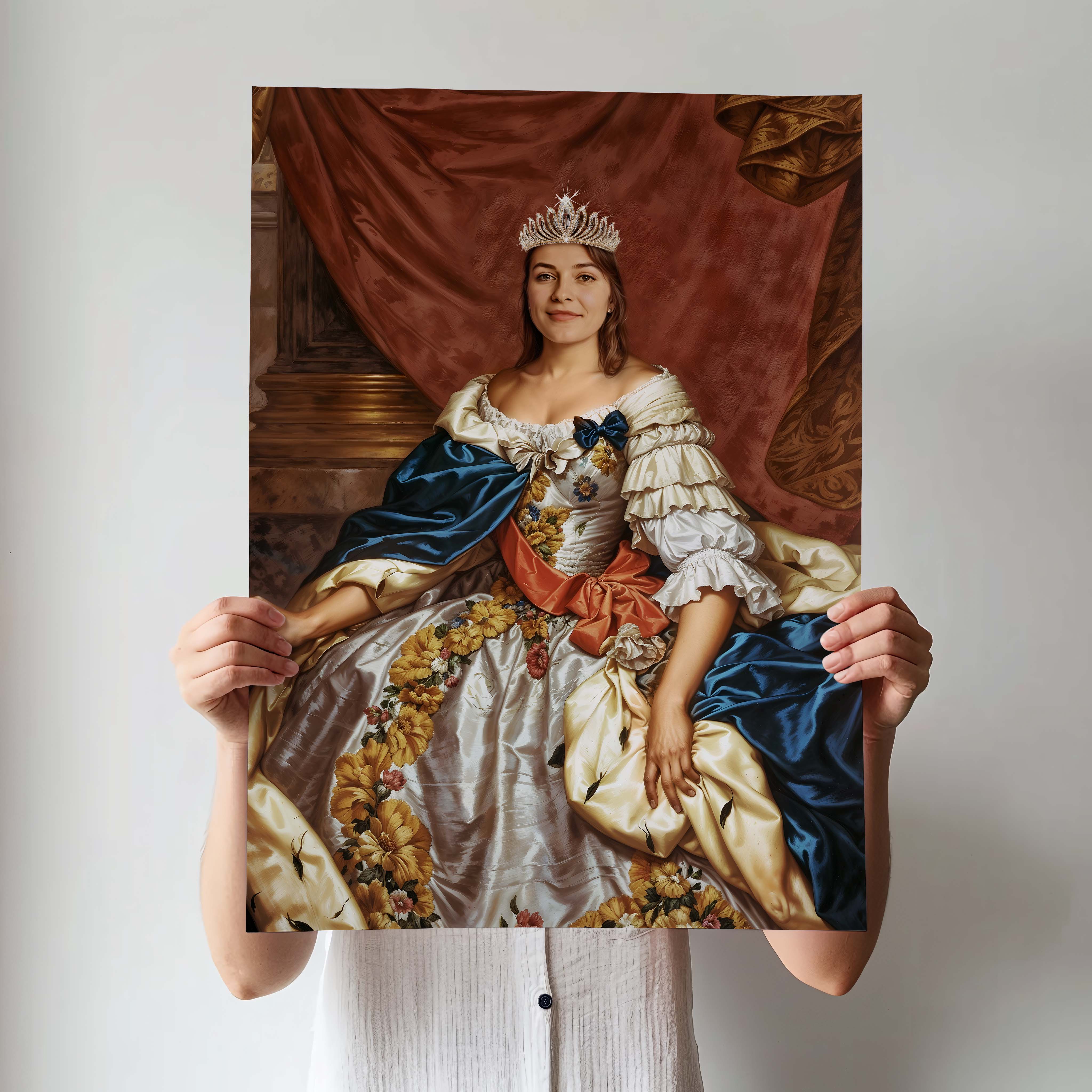 Woman in floral royal gown with red and blue sash holding custom portrait