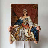 Woman in floral royal gown with red and blue sash holding custom portrait