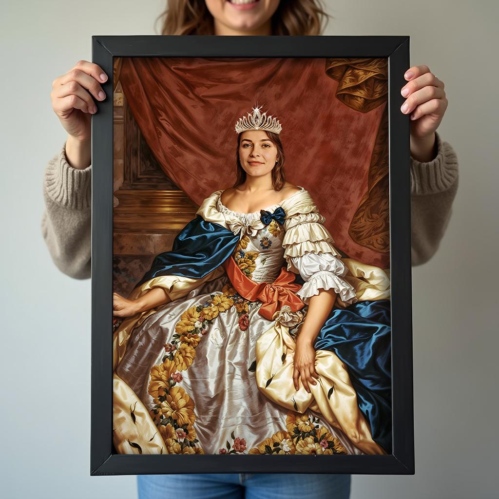 Woman in floral royal gown with red and blue sash holding custom portrait