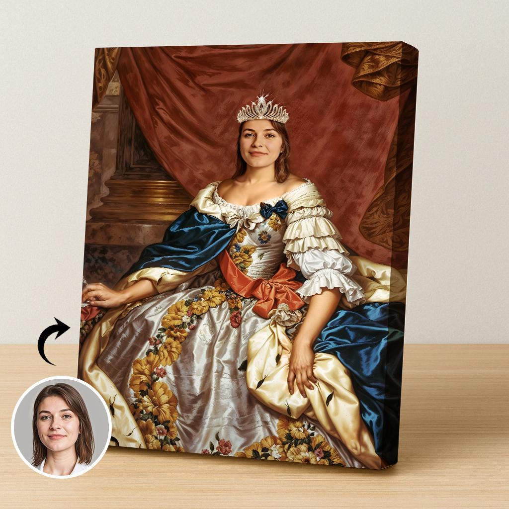 Woman in floral royal gown with red and blue sash holding custom portrait