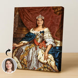 Woman in floral royal gown with red and blue sash holding custom portrait