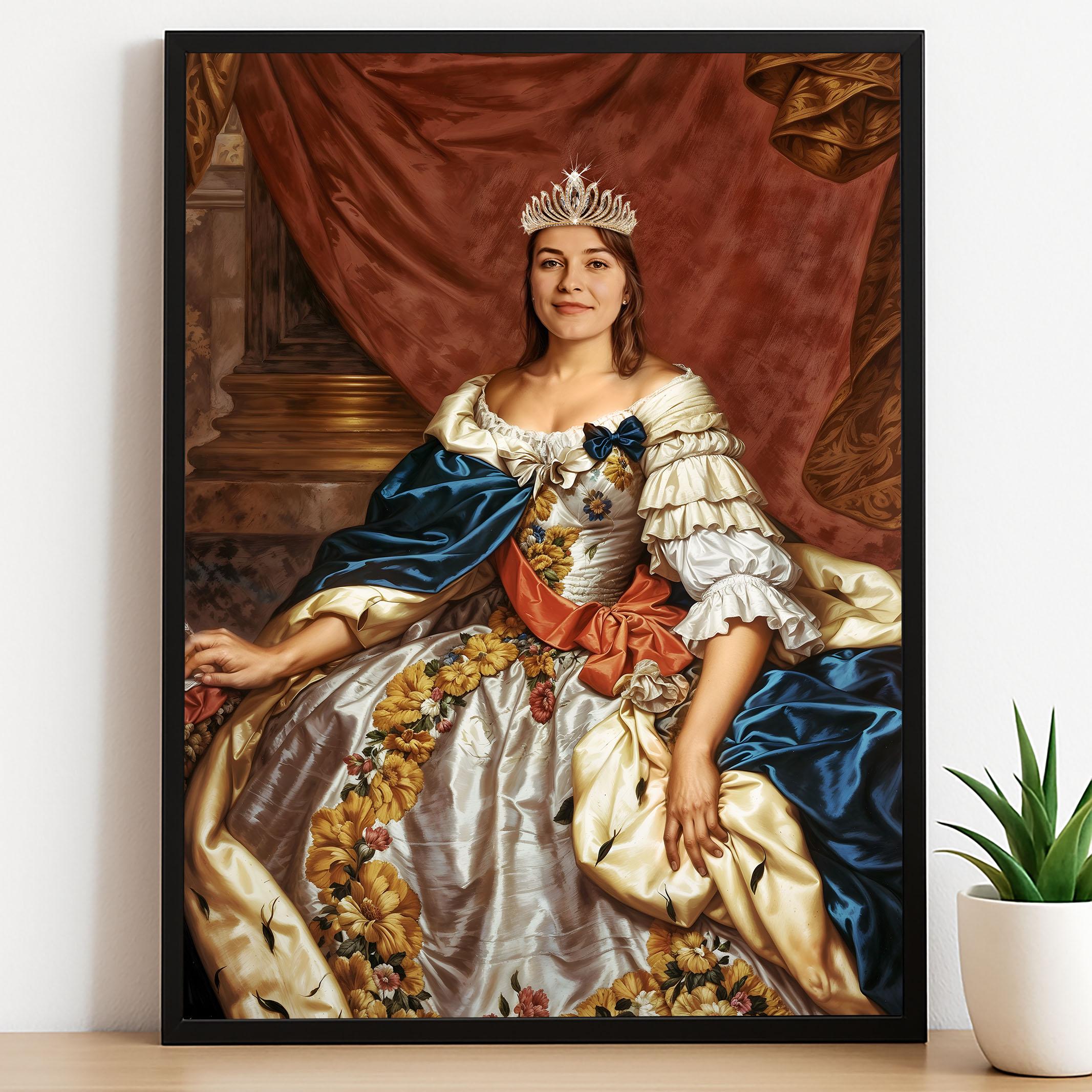 Woman in floral royal gown with red and blue sash holding custom portrait