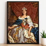 Woman in floral royal gown with red and blue sash holding custom portrait