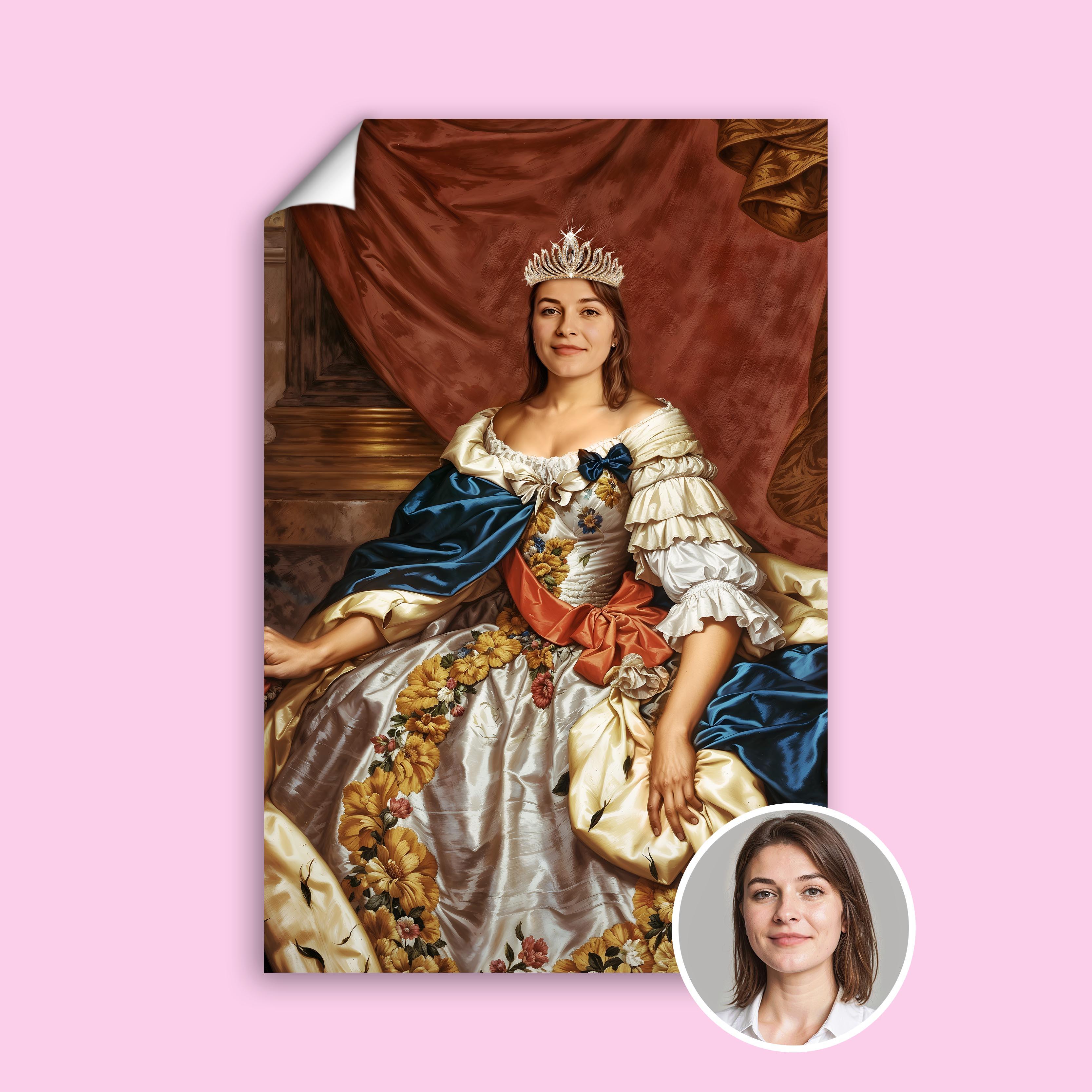 Woman in floral royal gown with red and blue sash holding custom portrait