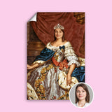 Woman in floral royal gown with red and blue sash holding custom portrait