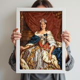 Woman in floral royal gown with red and blue sash holding custom portrait