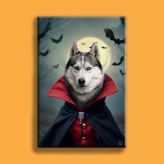 Custom Halloween pet portrait featuring a dog or cat dressed as Dracula, wearing a vampire cape with fangs and a spooky background